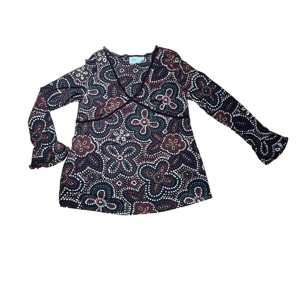 90s Vintage Bundle of Joy Black Red Floral Mesh Flared Sleeve Top Womens L Large